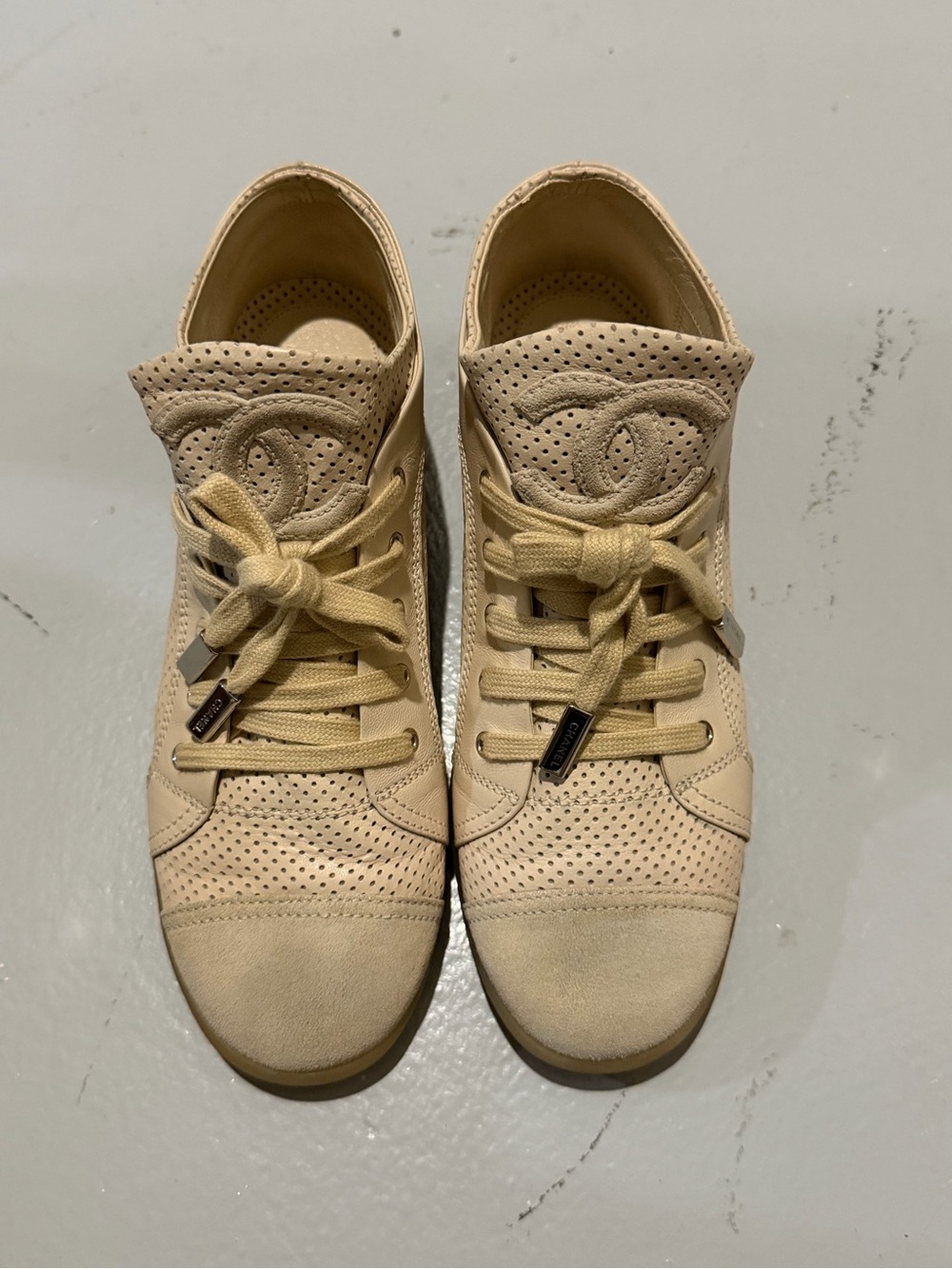 CHANEL Beige Suede Perforated Low-Top Sneakers - Women's